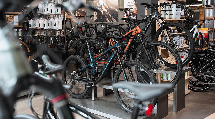 Trek mountain bikes on display in a bike shop in Lancaster, Lancashire