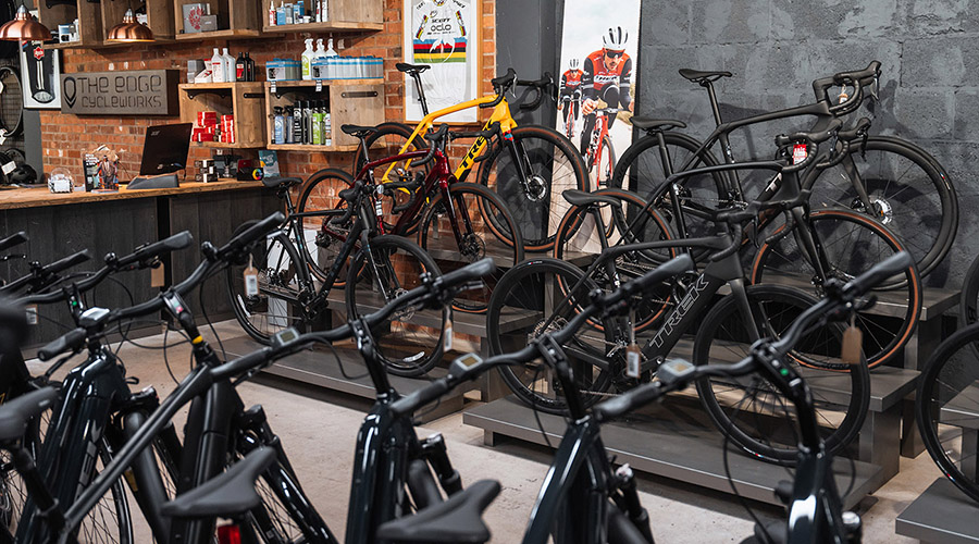 Trek road bikes on display in a bike shop in Lancaster, Lancashire